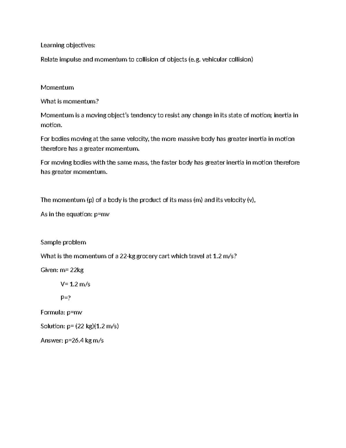 Impulse and Momentum Concepts - PHYS 101 - Study Notes - Studocu