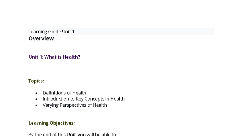 Health 101: Unit 1 Learning Guide - What is Health? - Studocu