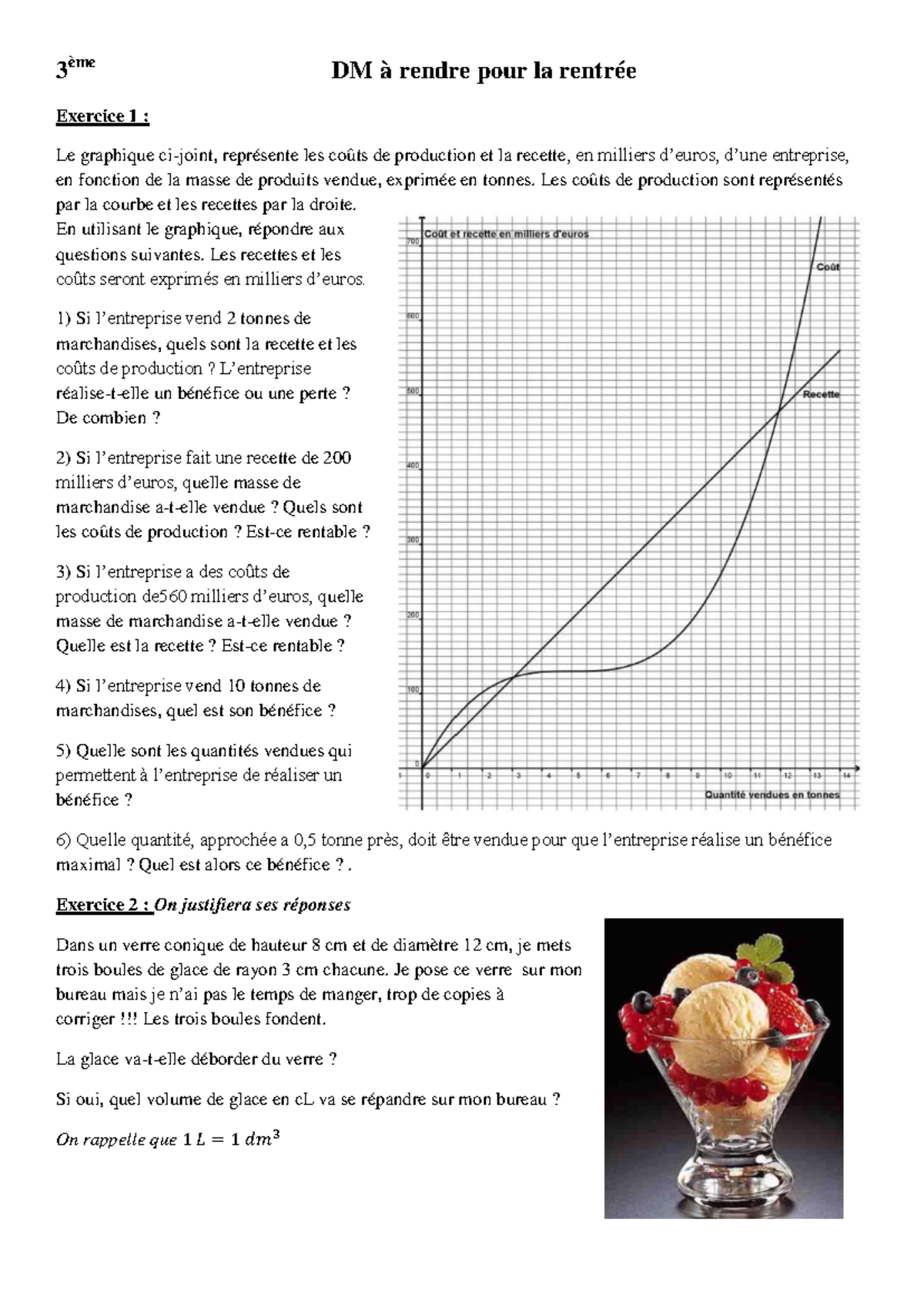 3ème DM de Maths Coûts de Production et Recettes en Graphiques Studocu — free download