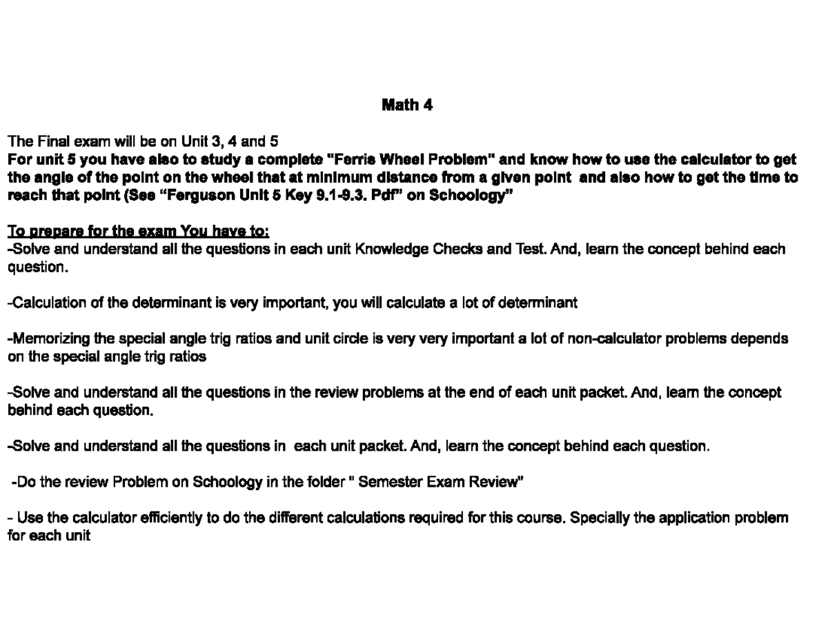 Math 4 Q2 Exam Concepts Review - Math 4 The Final exam will be on Unit ...