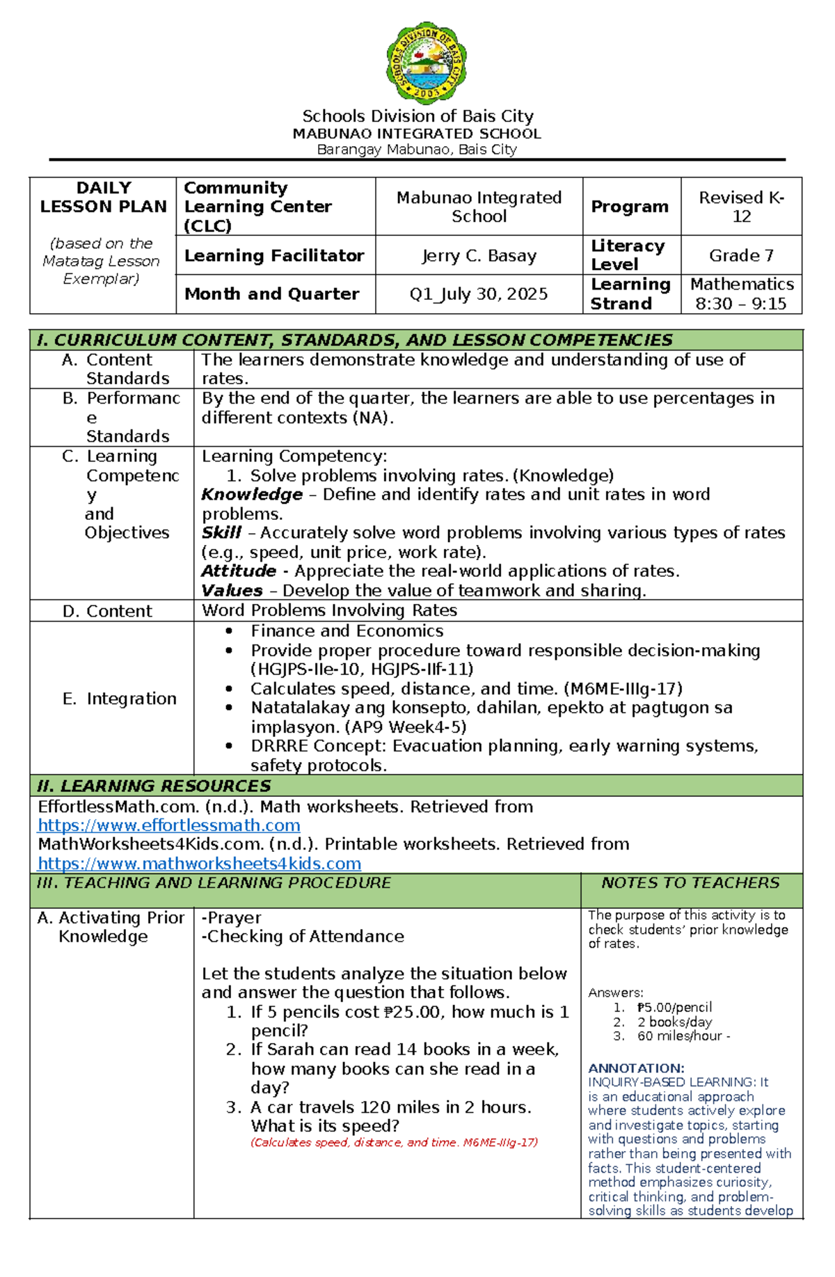 LP for Math 7 (Q1) - Daily Lesson Plan on Rates - July 30, 2025 - Studocu