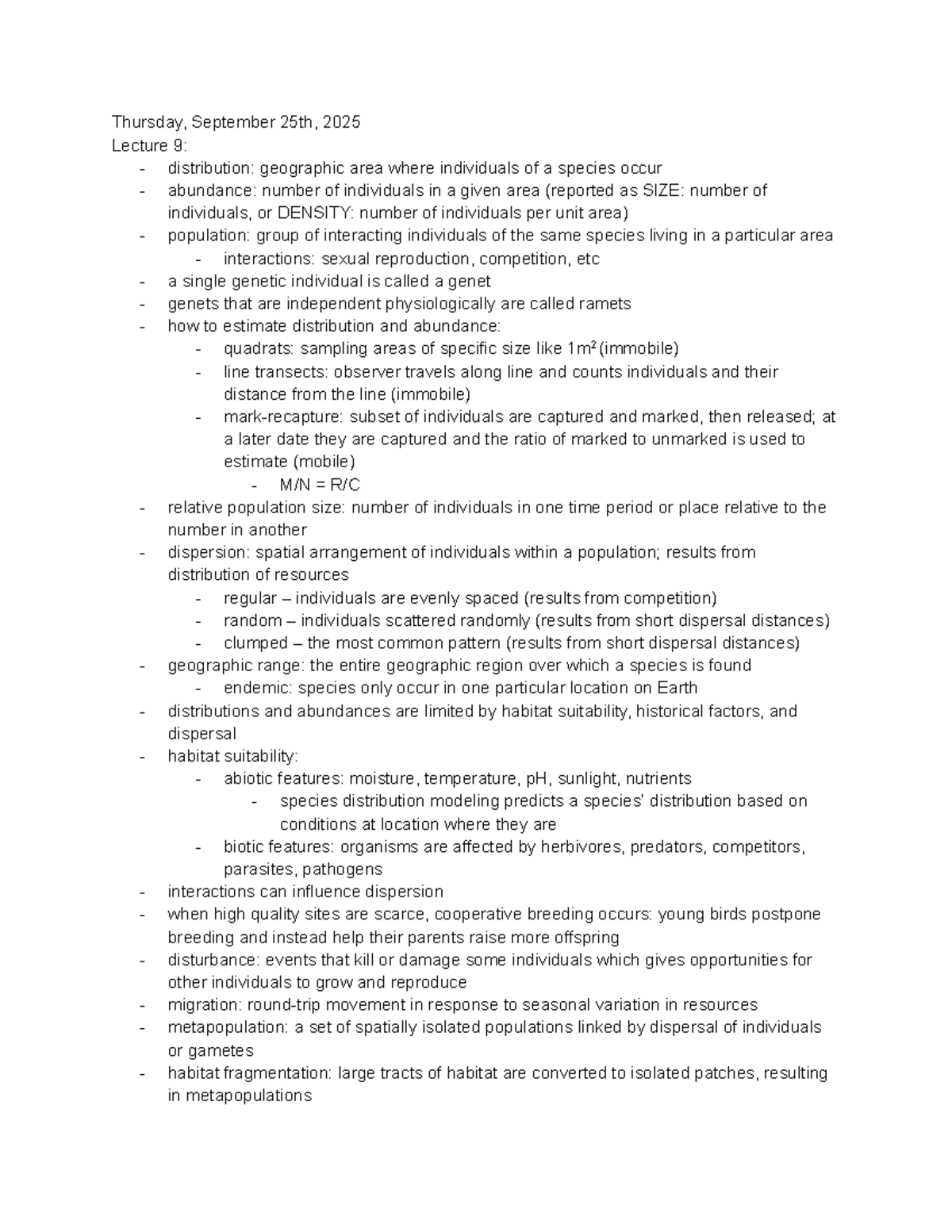Biology 2483 Unit 3: Population Dynamics and Ecology Concepts - Studocu