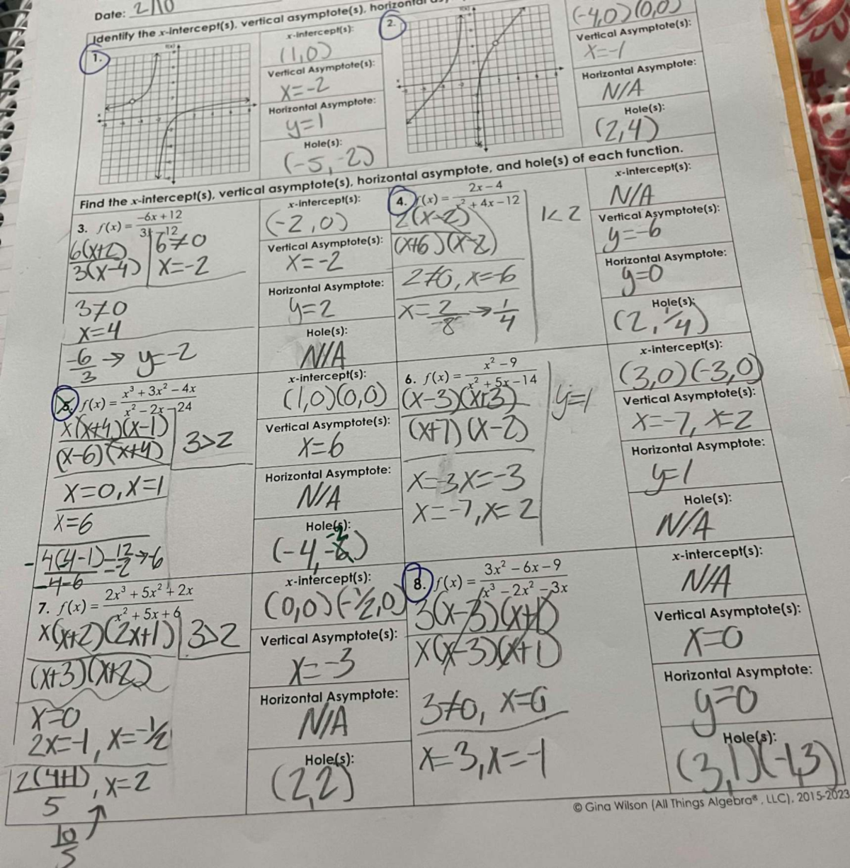 Algebra 2 Unit 8 Homework 7: Key Features of Rational Functions - Studocu