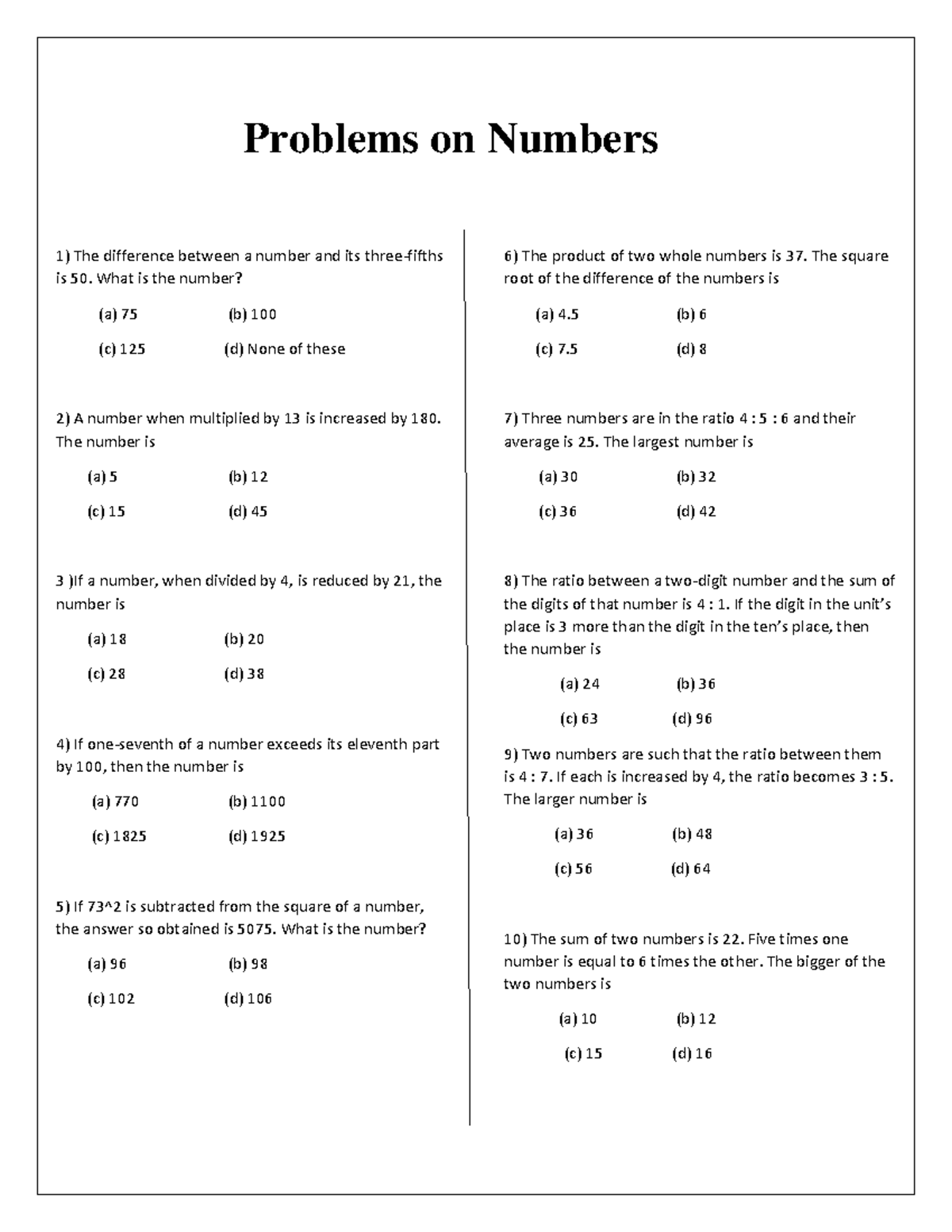 Problems on Numbers - Notes for Math 101 - Studocu