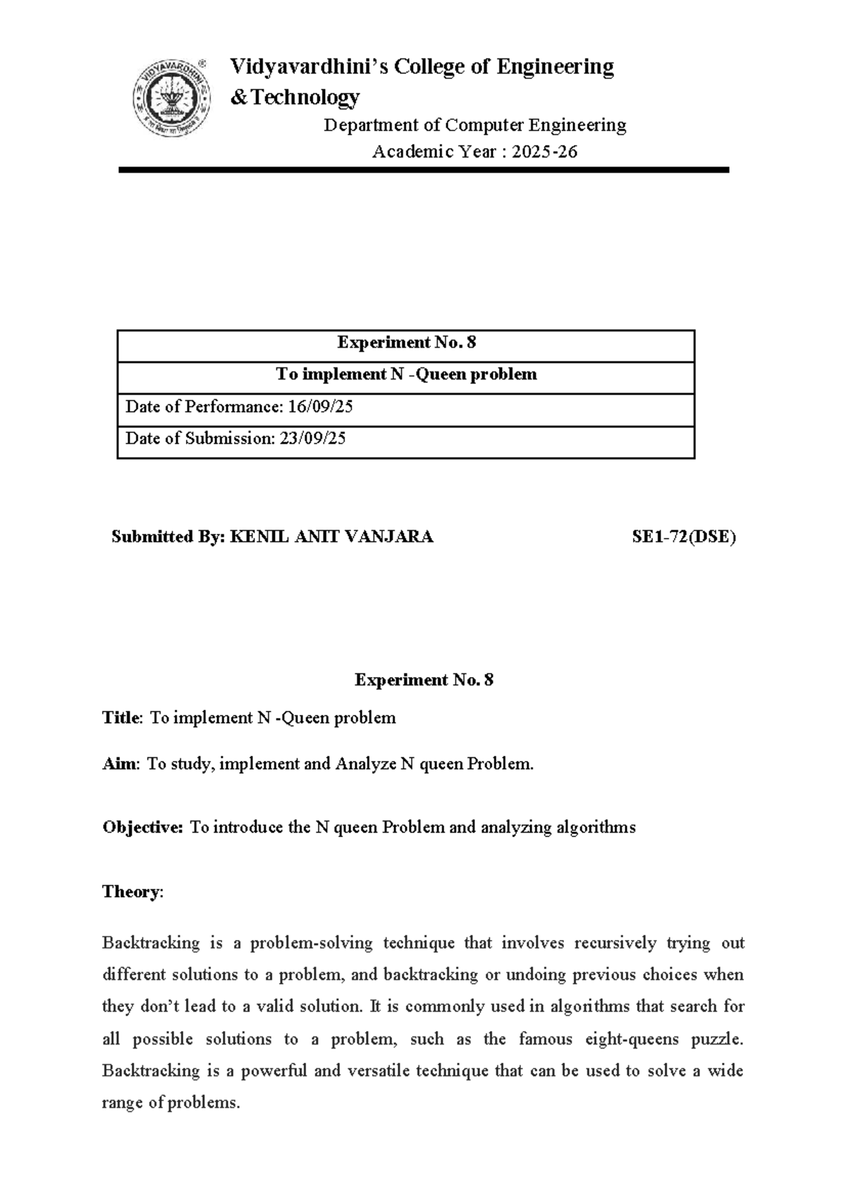 Experiment No. 8: Implementing the N Queen Problem in CPE - Studocu