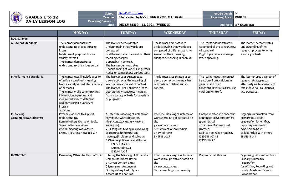 DLL English 5 Q3 W2 - Daily Lesson Log Overview - Studocu