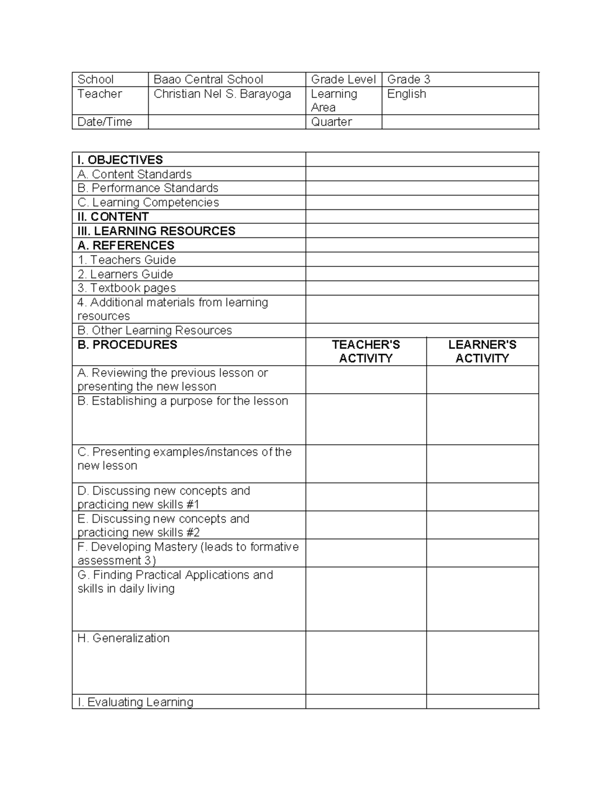 Detailed Lesson plan Format - School Baao Central School Grade Level ...