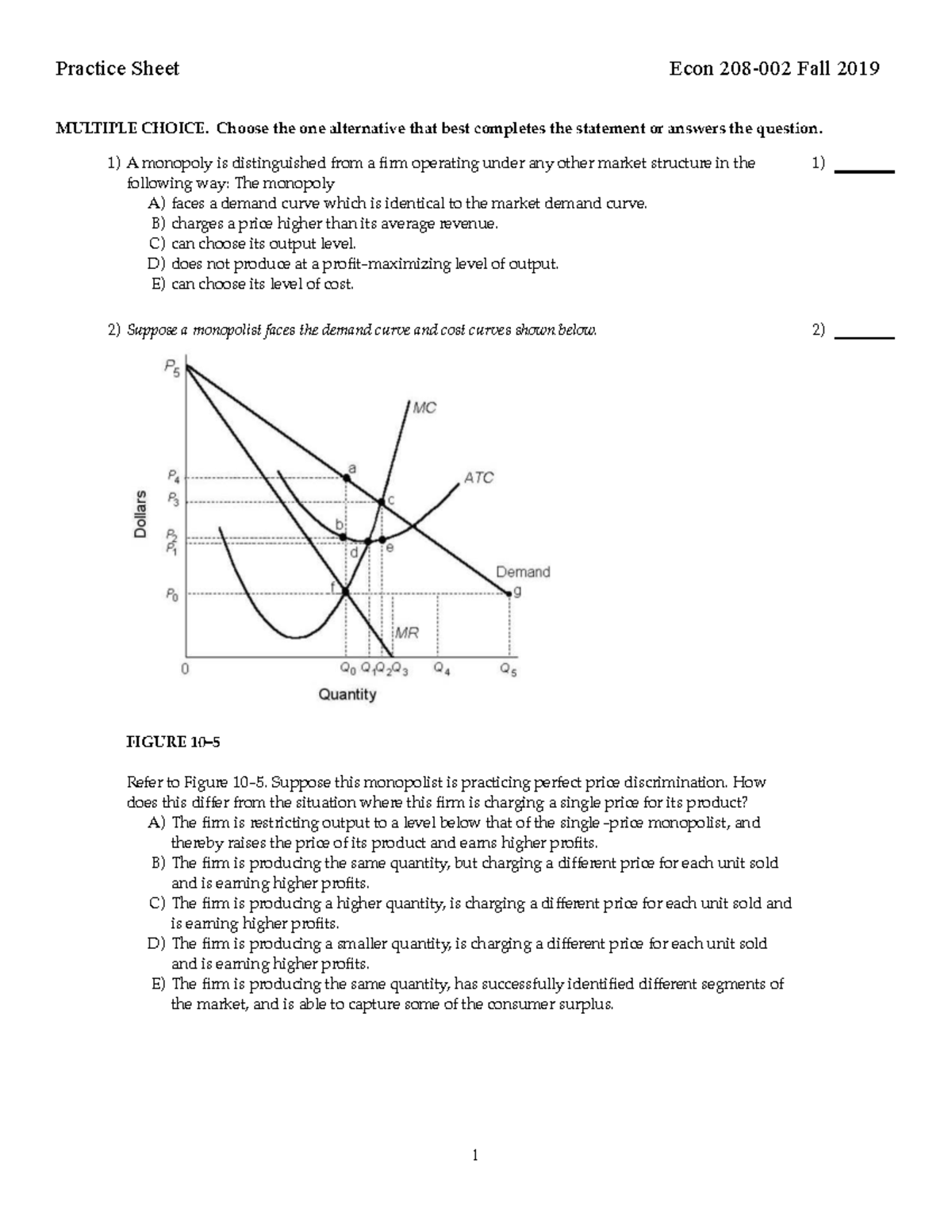 Practice Sheet Econ 208-002 Fall 2019: Monopoly & Market Structures ...