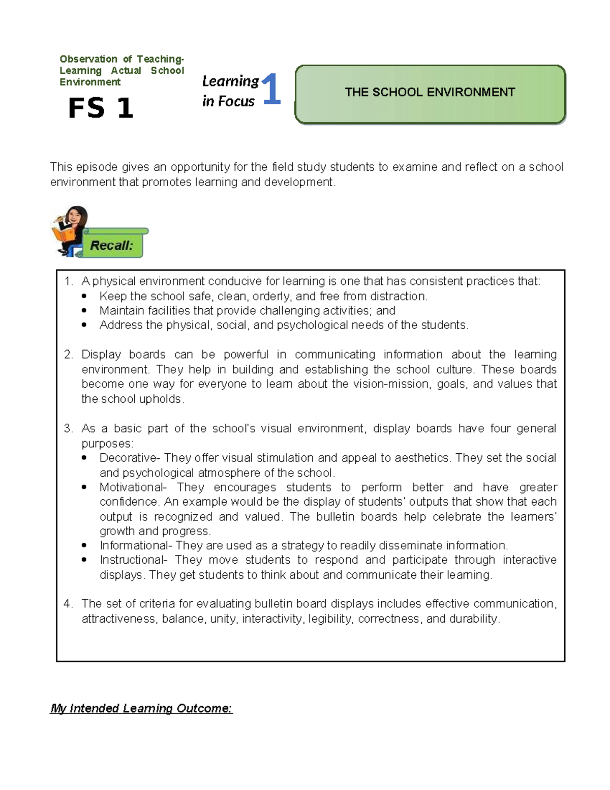FS 1 Episode 1: Observing the School Environment for Learning - Studocu
