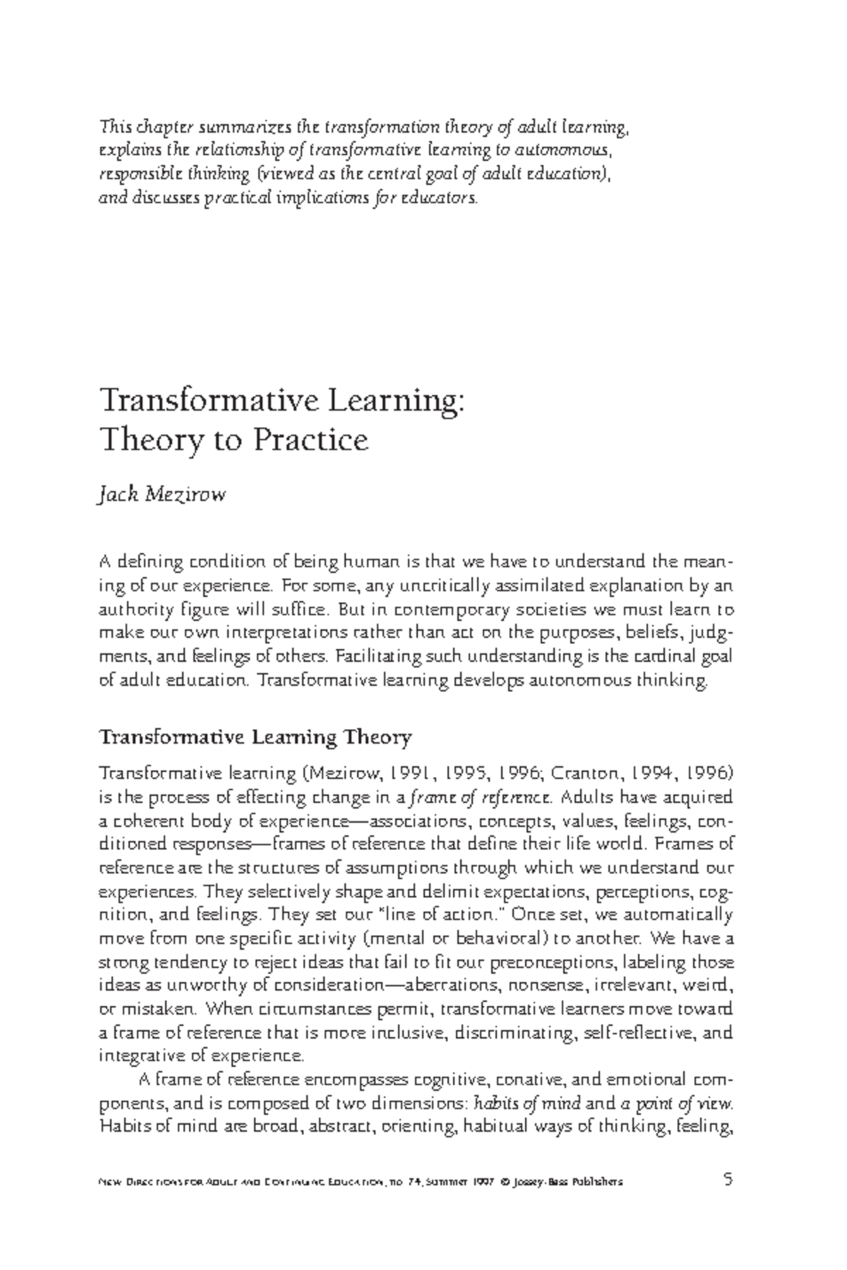 Transformative Learning Mezirow 1997 - This chapter summarizes the ...