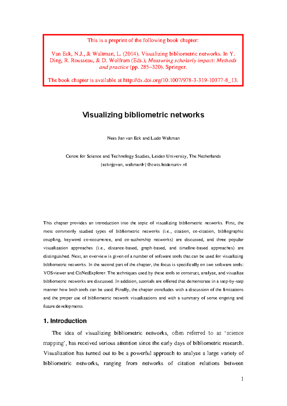 Visualizing Bibliometric Networks: Introduction & Software Tools - Studocu