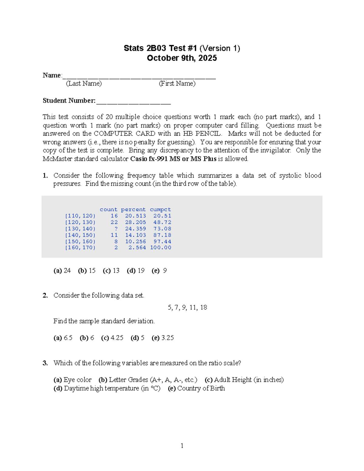 Stats 2B03 Test 1 Notes - October 9, 2025 (Version 1) - Studocu
