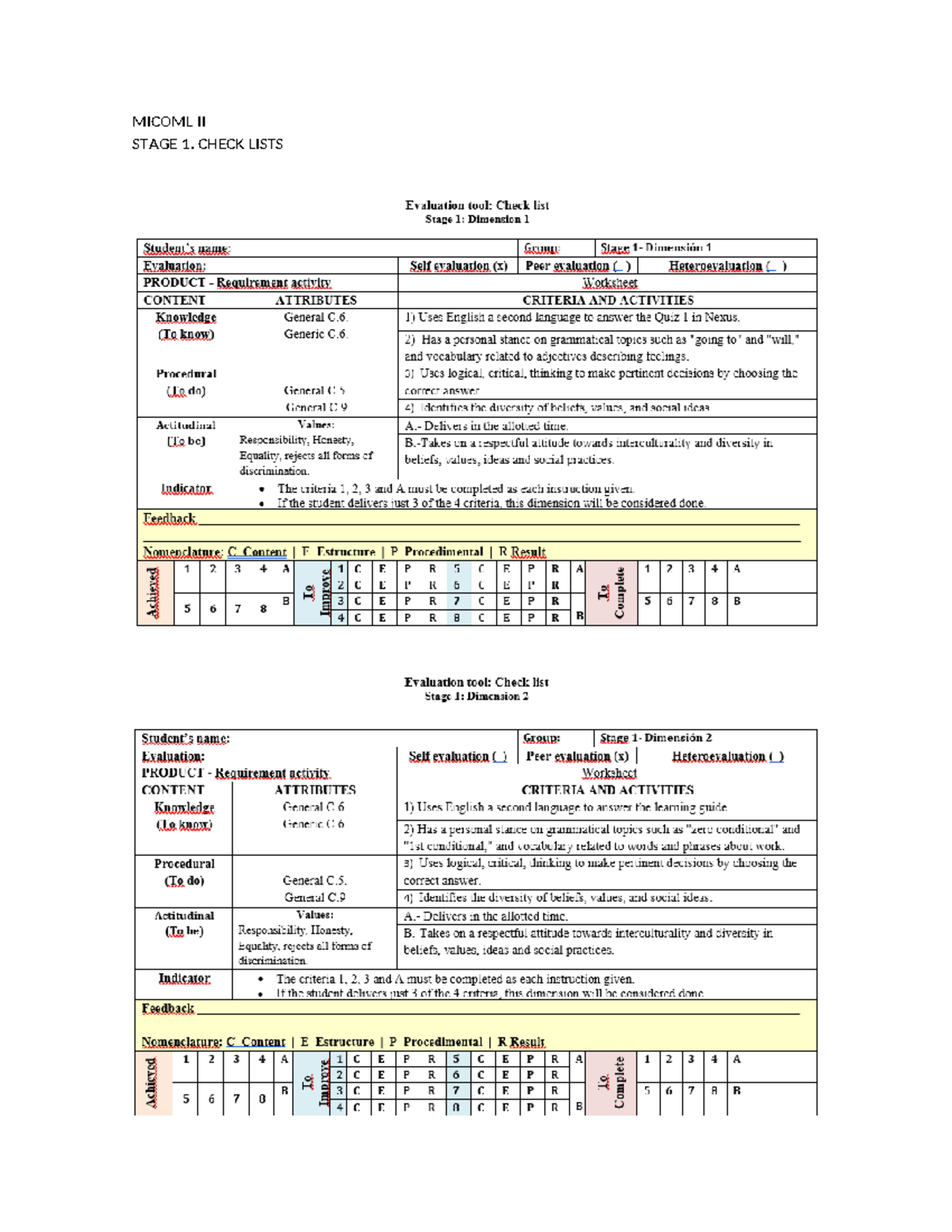Etapa 1. Robótica - MICOML Il STAGE 1. CHECK LISTS Evaluation tool ...