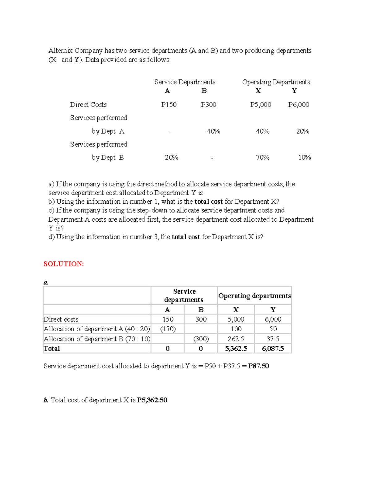 Cost Accounting Problems: Direct & Step-Down Method Analysis - Studocu