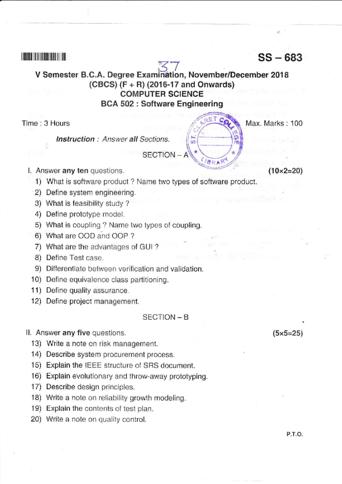 37 Software Engineering V Semester Degree Exam 2018 - Questions ...