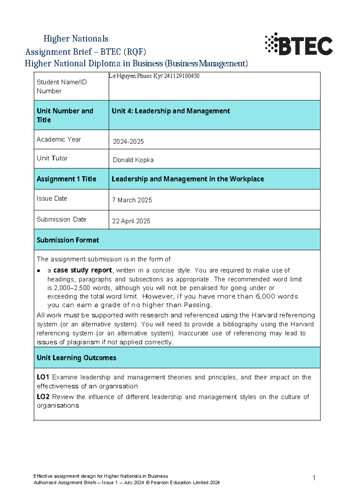 Assignment Brief 1: Leadership and Management (BTEC HND Business) - Studocu
