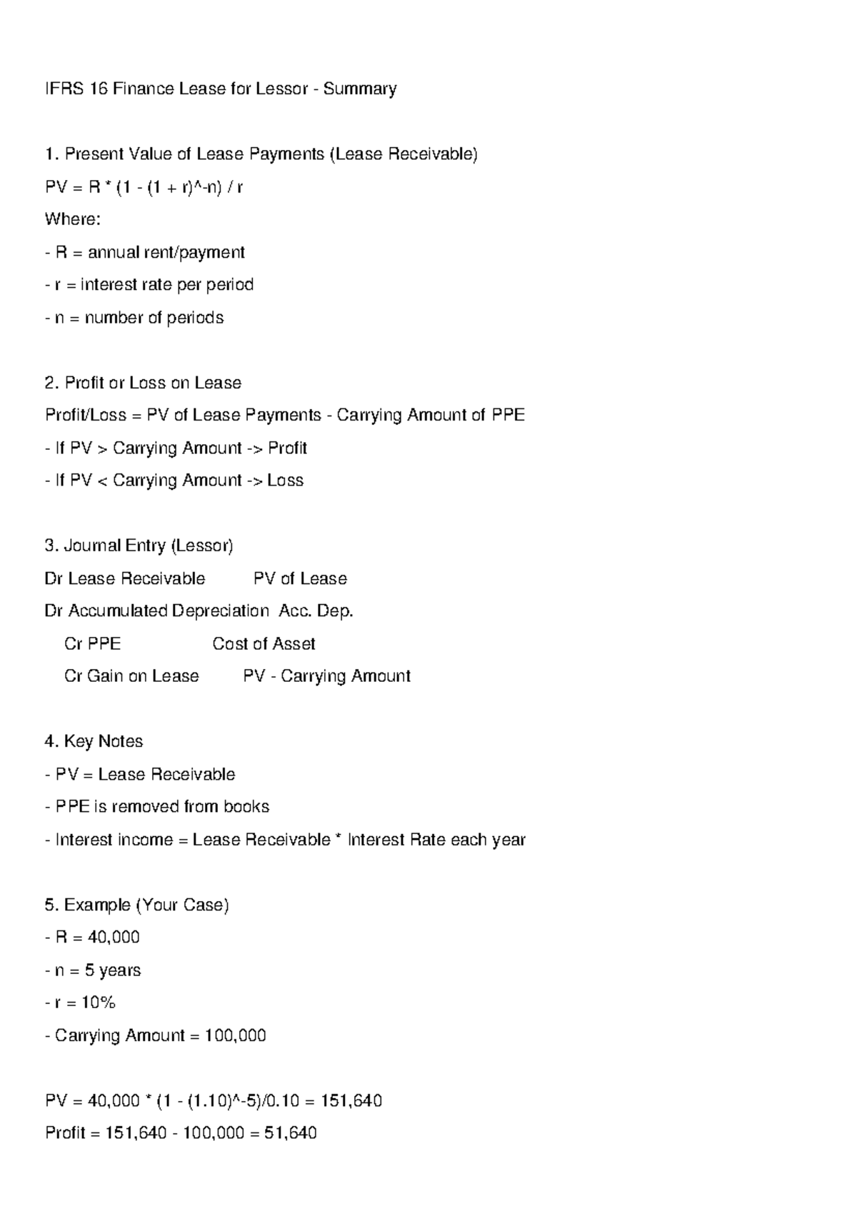 IFRS 16 Finance Lease Lessor Summary and Key Notes - Studocu