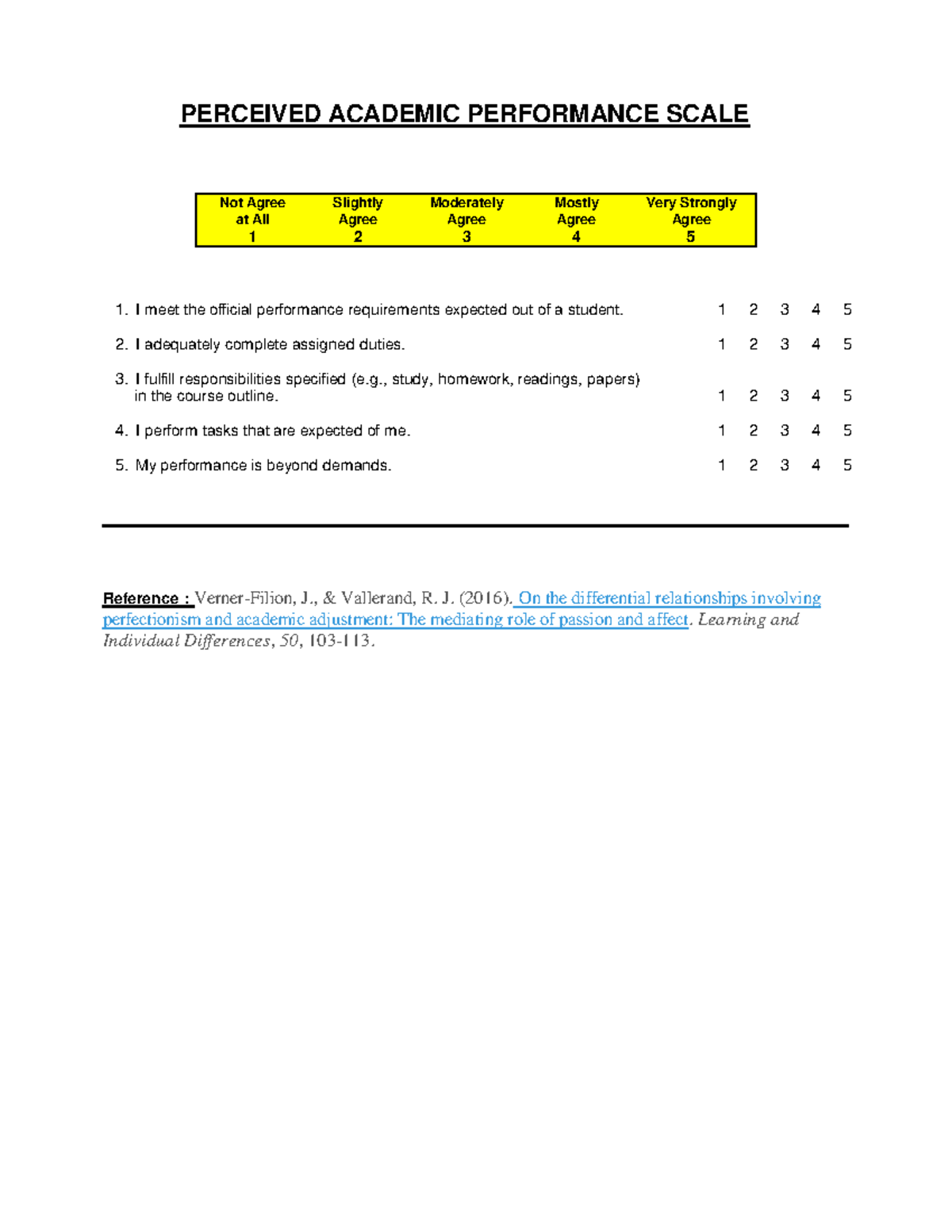 PERCEIVED ACADEMIC PERFORMANCE SCALE: Student Self-Assessment - Studocu