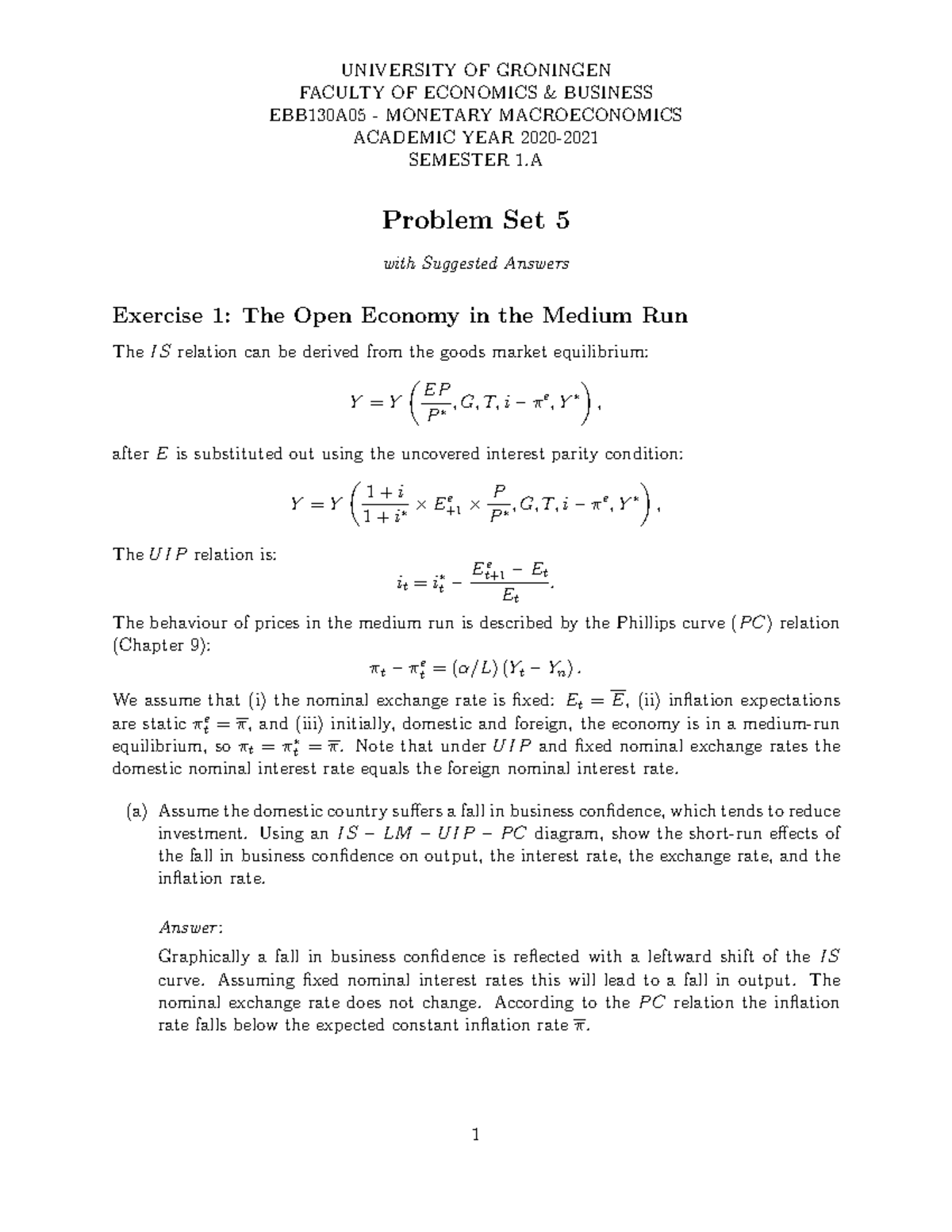 EBB130A05 - Monetary Macroeconomics Tutorial Solutions Week 5 - Studeersnel