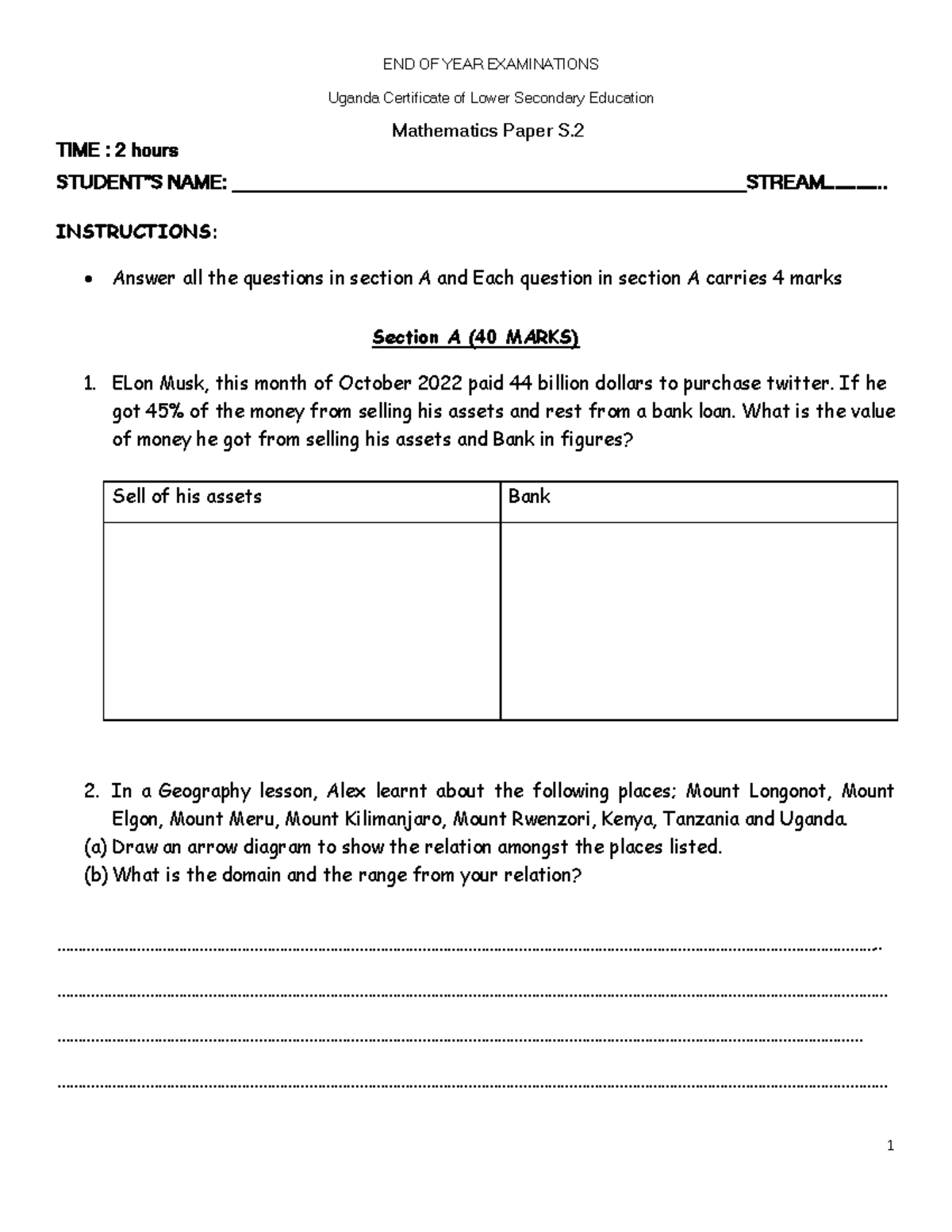 S2 Mathematics Paper Final Exam Questions - END OF YEAR 2022 - Studocu