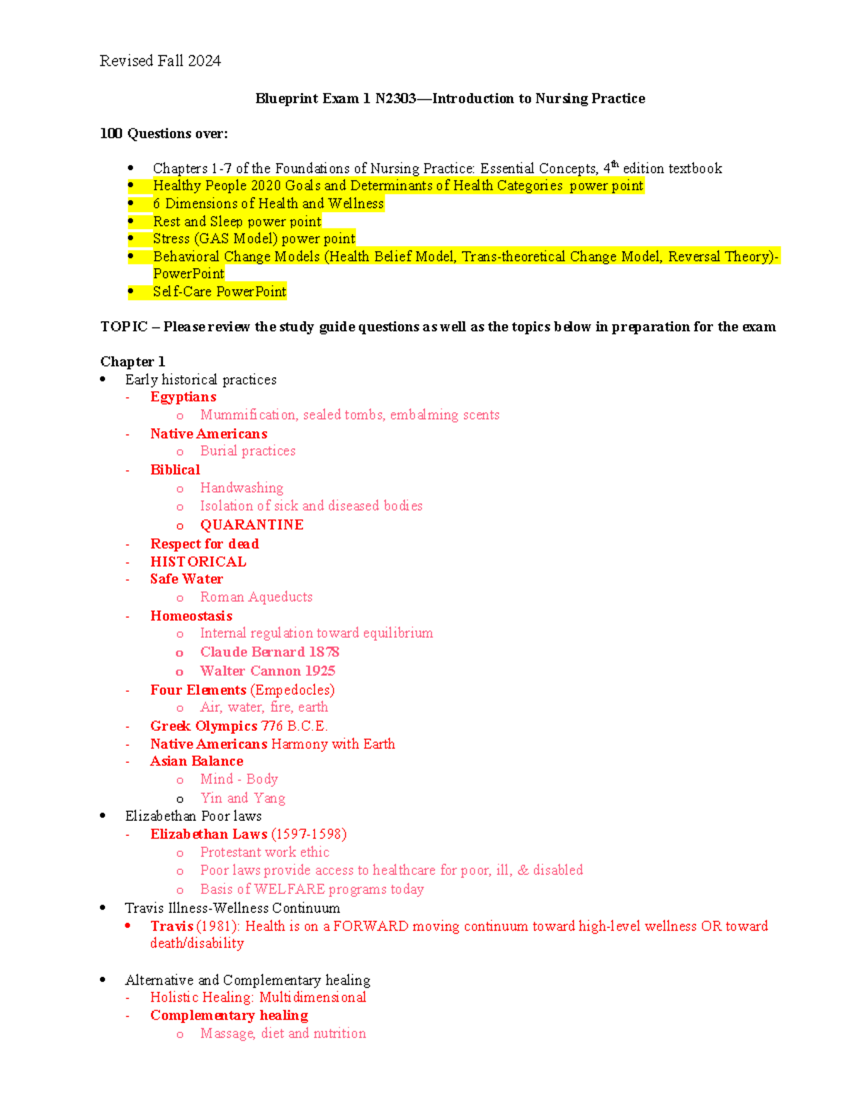 N2303 Intro to Nursing Exam 1 Study Guide: Key Topics & Concepts - Studocu