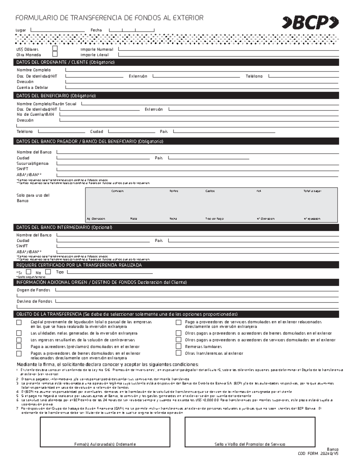 Formulario de Transferencia de Fondos al Exterior - COD. FORM. 20240/V ...