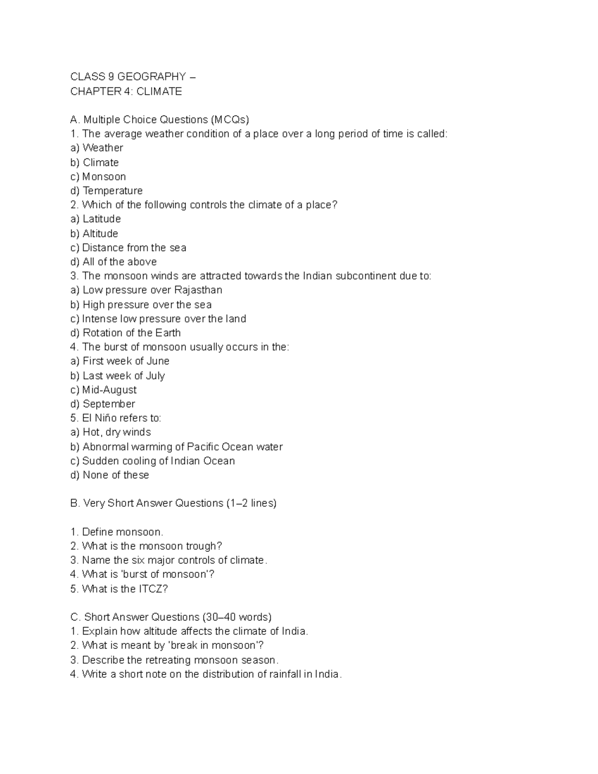 Class 9 Geography Chapter 4: Climate - MCQs & Notes - Studocu