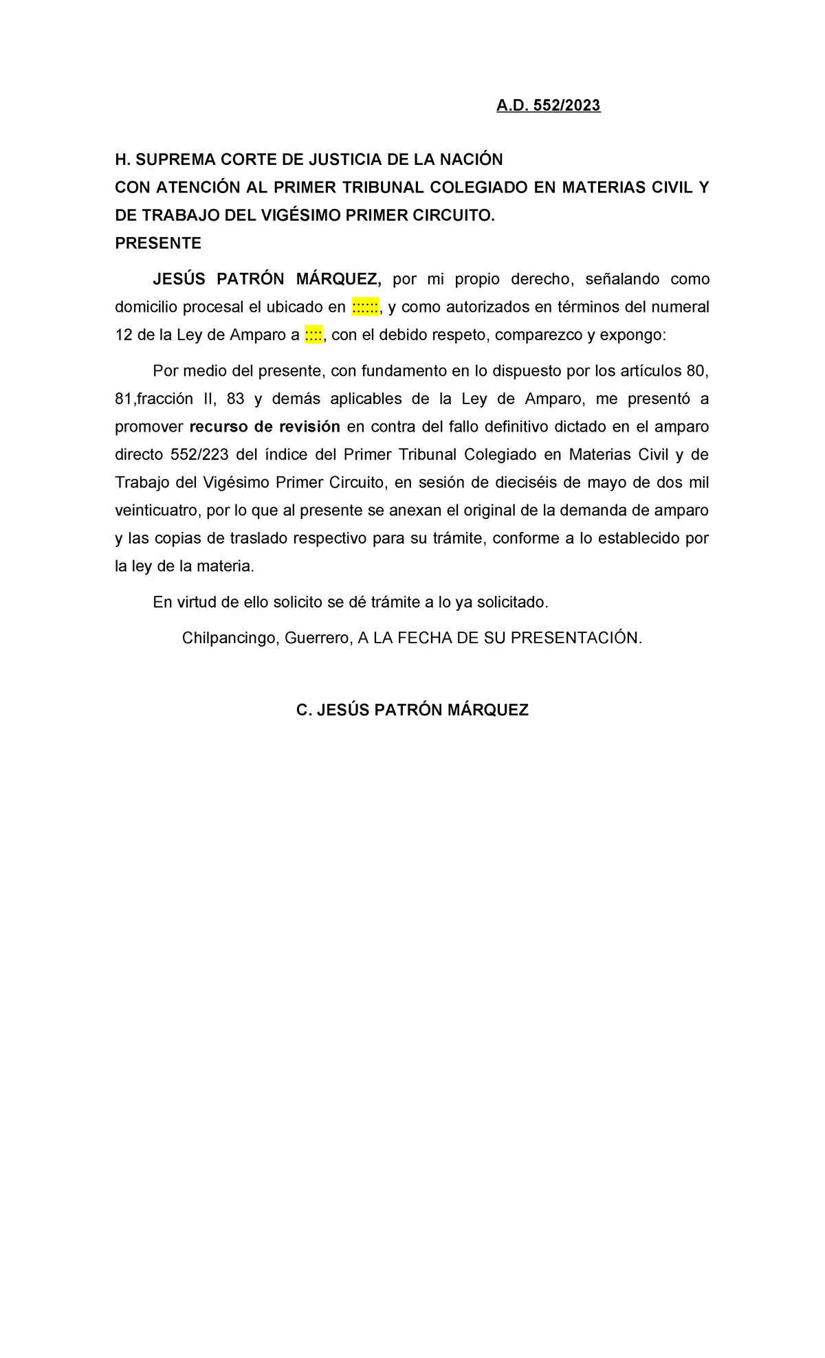 Recurso de Revisión en Amparo Directo 552/223 ante SCJN - Studocu