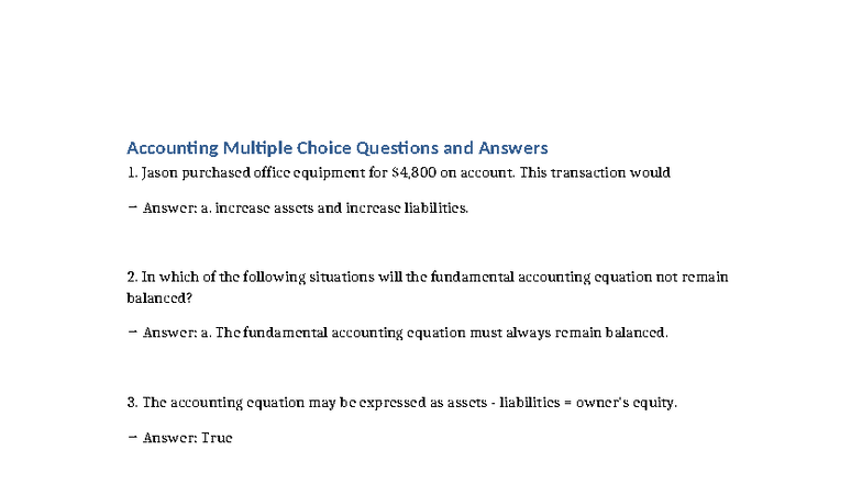 Accounting MCQs & Answers for Course ACCT 101 - Studocu