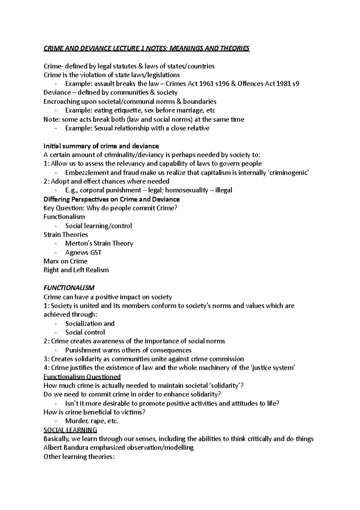 Crime AND Deviance Lecture 1 Notes - Crime and Deviance - AUT - Studocu