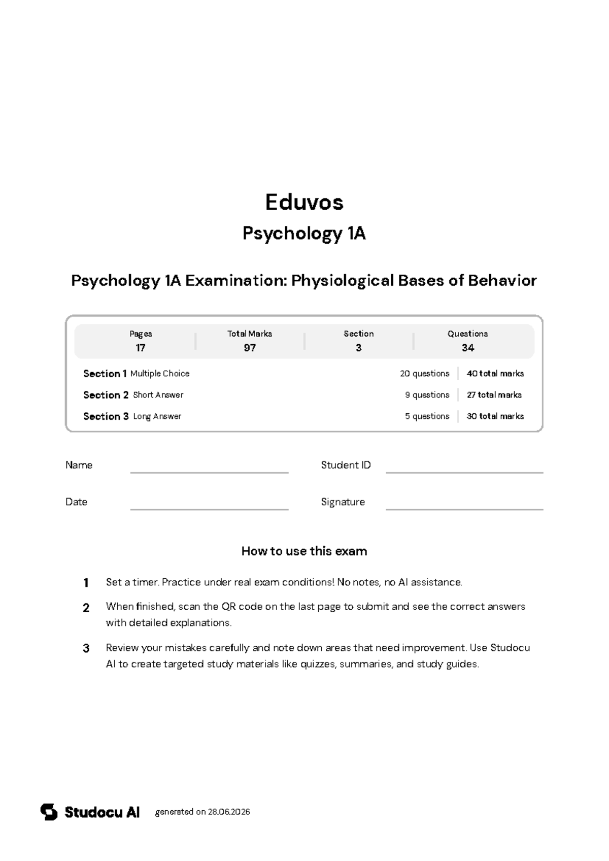 Psychology 1A Final Exam: Physiological Bases of Behavior - Studocu