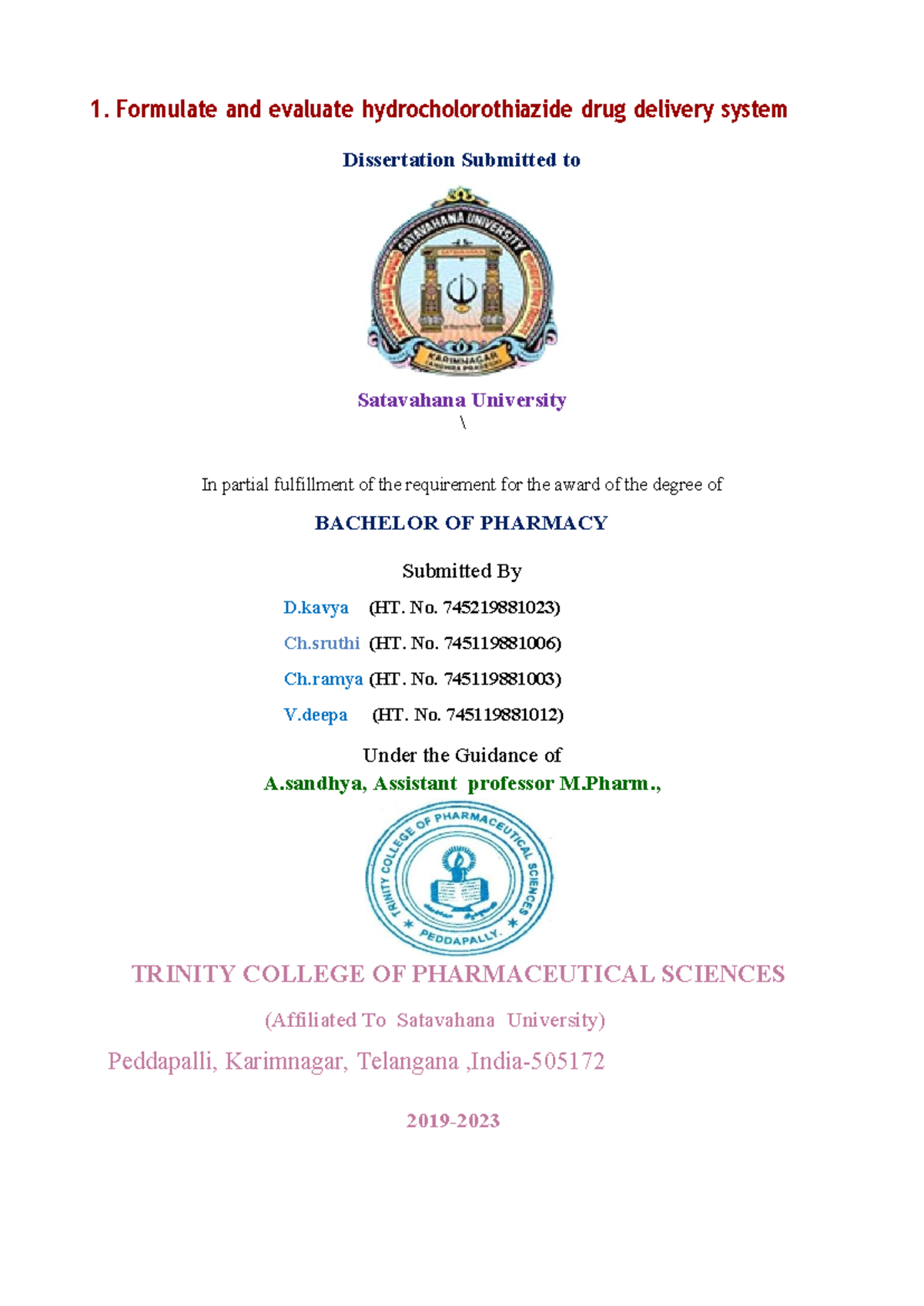 Dissertation on Hydrochlorothiazide Drug Delivery System - B.Pharm ...