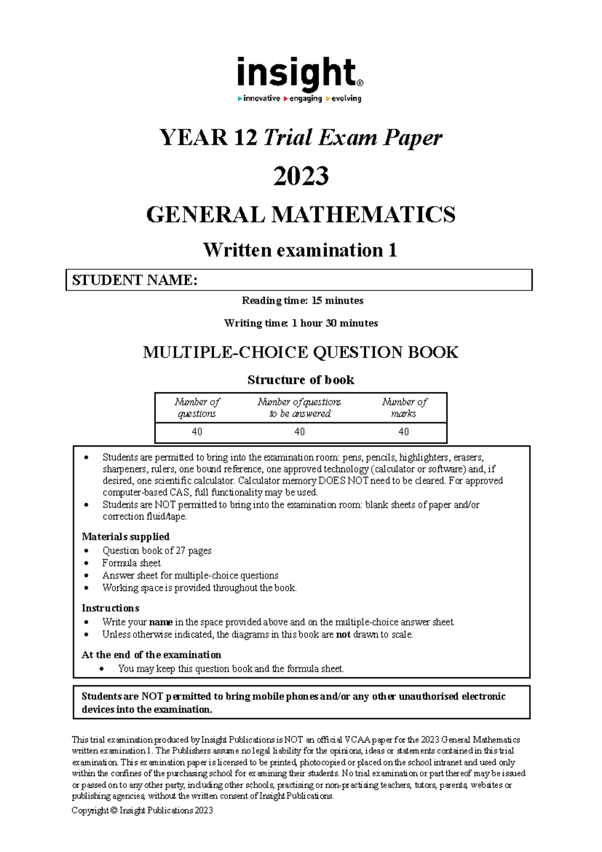 2023 GENMATH Year 12 Trial Exam Paper 1 Insights - Studocu