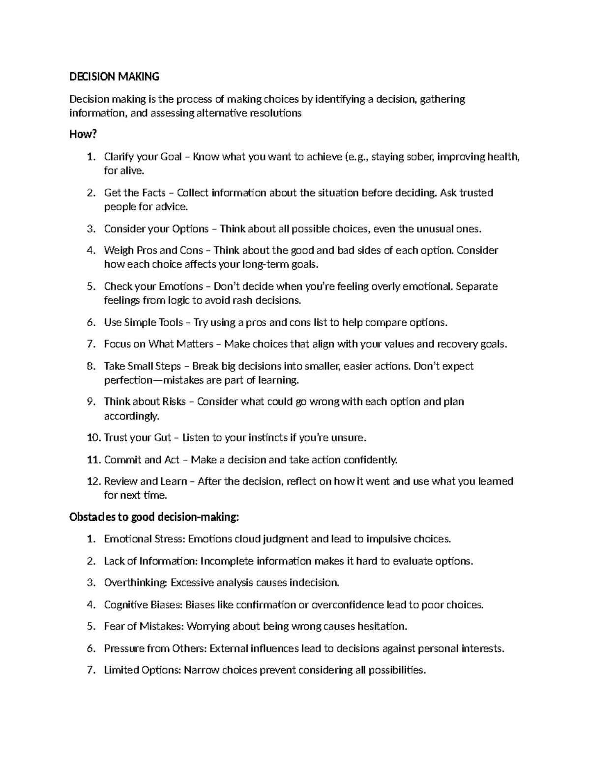 Decision Making Strategies and Case Studies (PSY 101) - Studocu