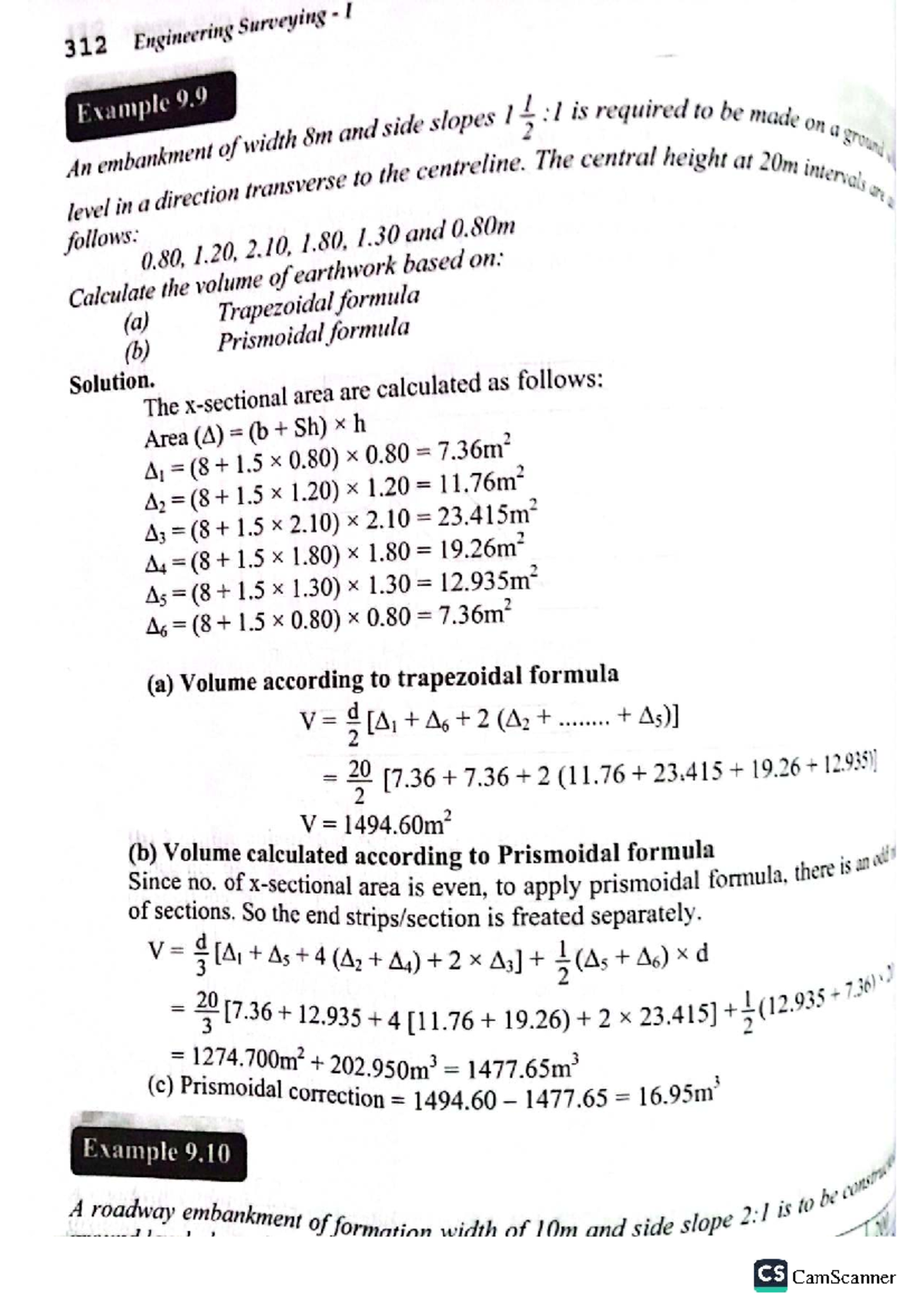 Surveying I 312 Example 9.9: Earthwork volume calculations for ...