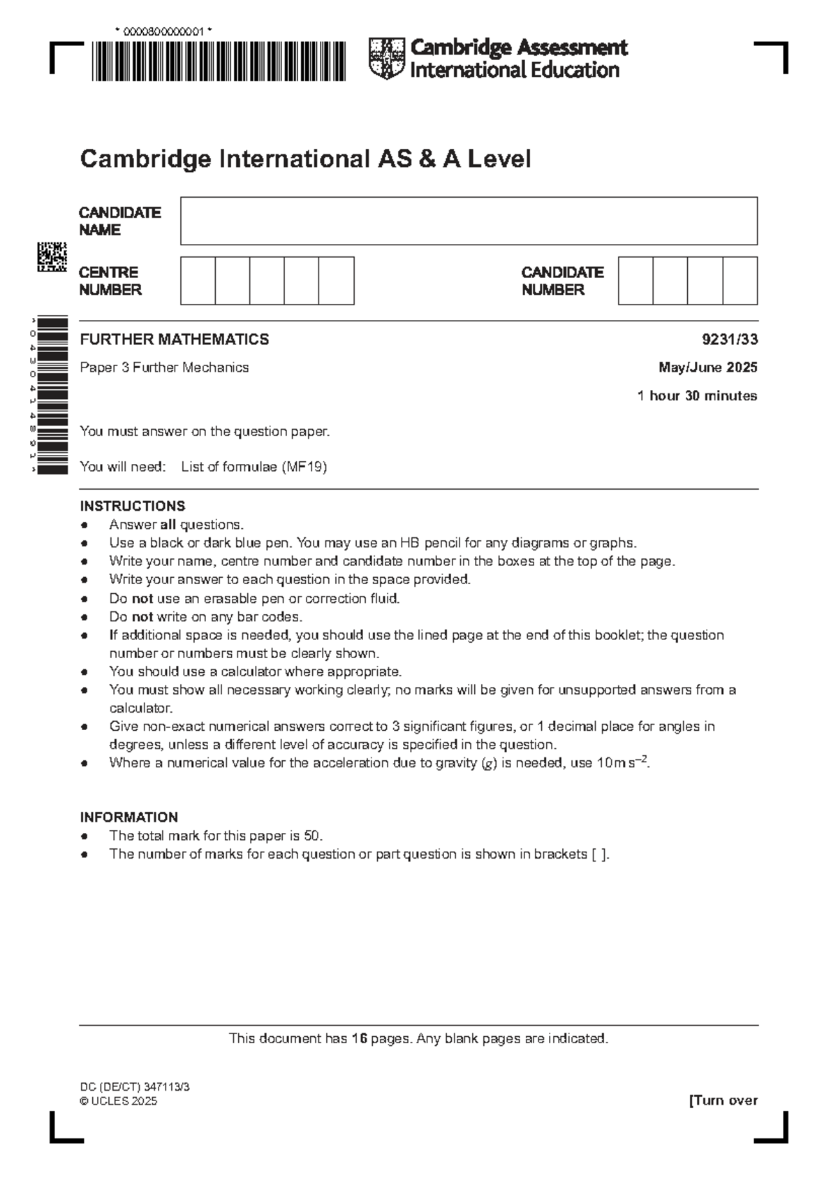 Cambridge International AS A Level 9231/33 Further Mathematics Paper 3 ...