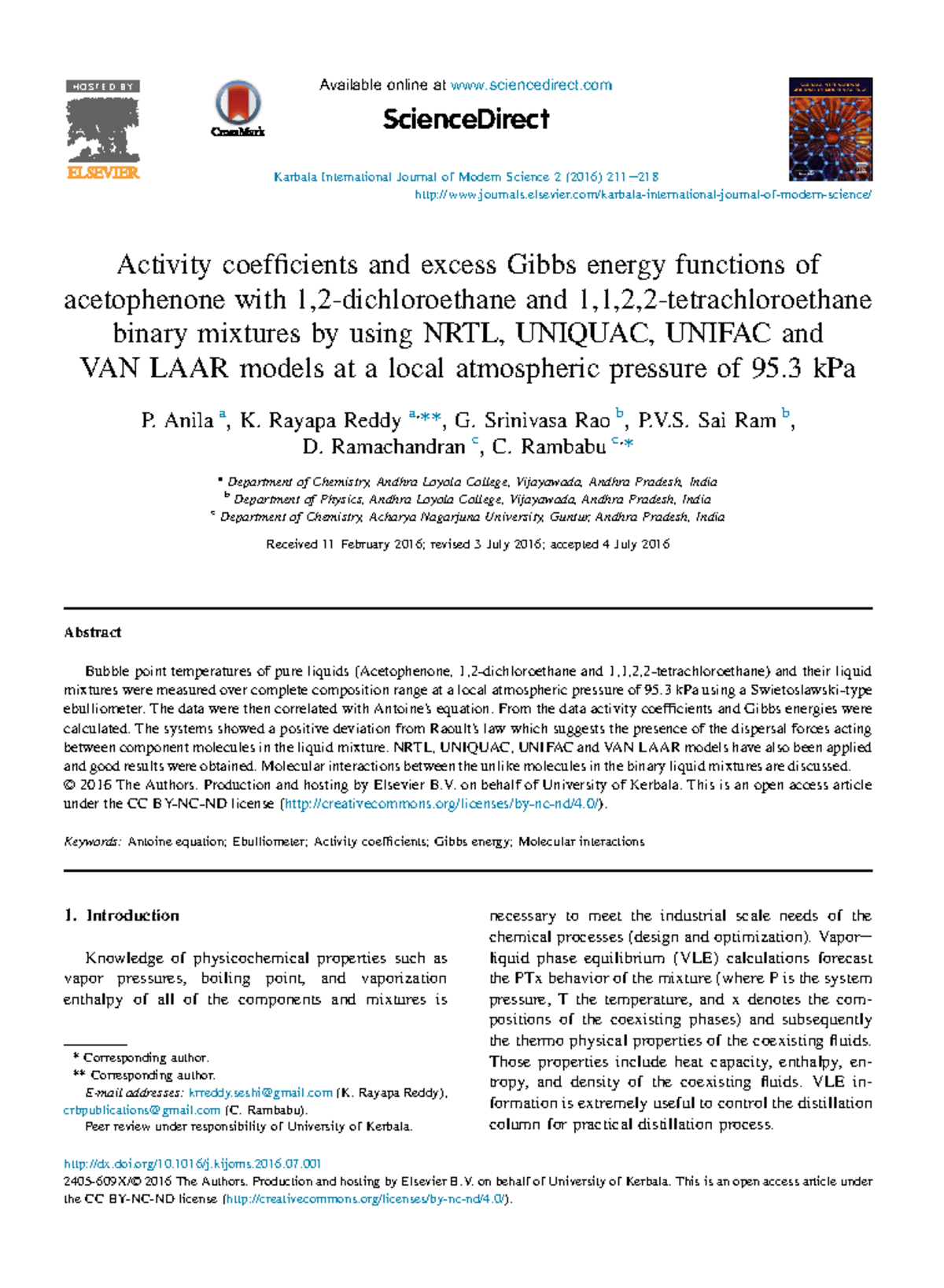 Activity coefficients and excess Gibbs energy func - Anila a , K ...