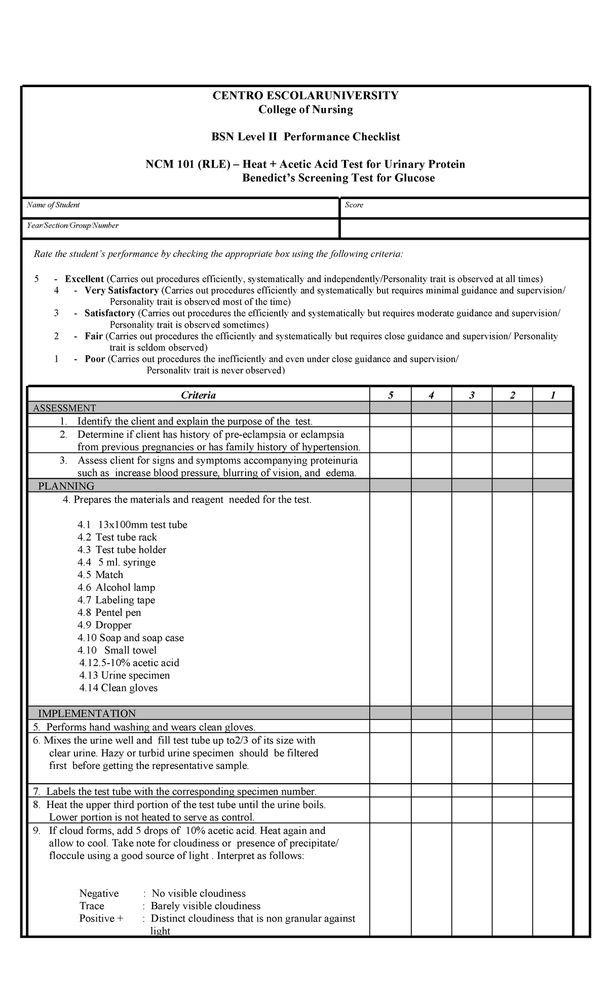 Performance Checklist for Heat & Acetic Acid Test and Benedict's Test ...