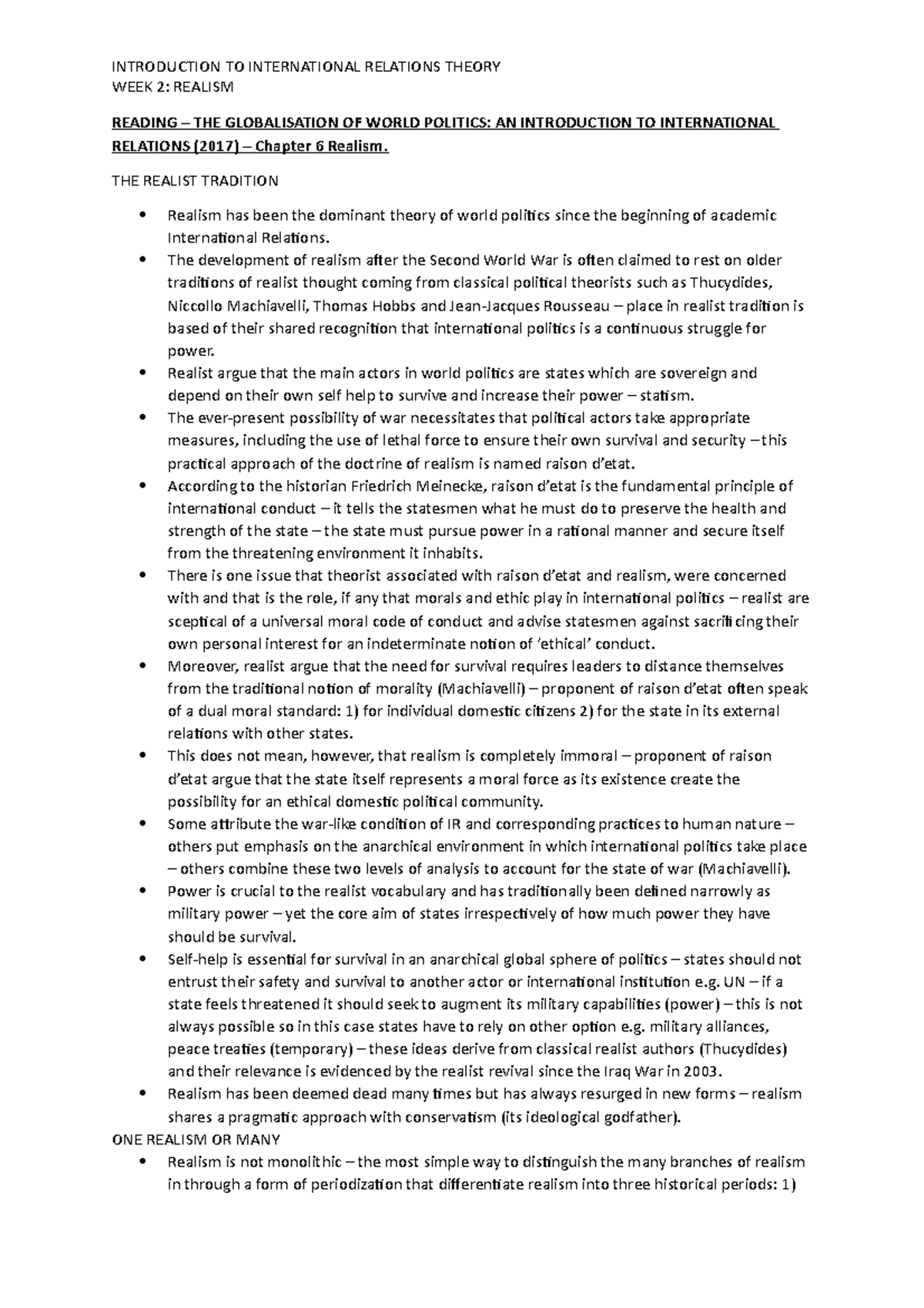 Realism in International Relations: GWP Week 2 Summary & Insights - Studocu
