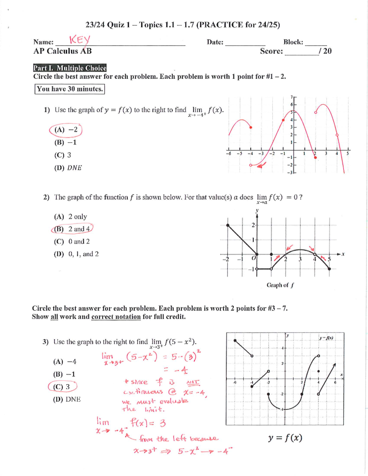 Practice Quiz Limits 1 - summary - Quiz 1 Topics 1 (PRACTICE for Name ...