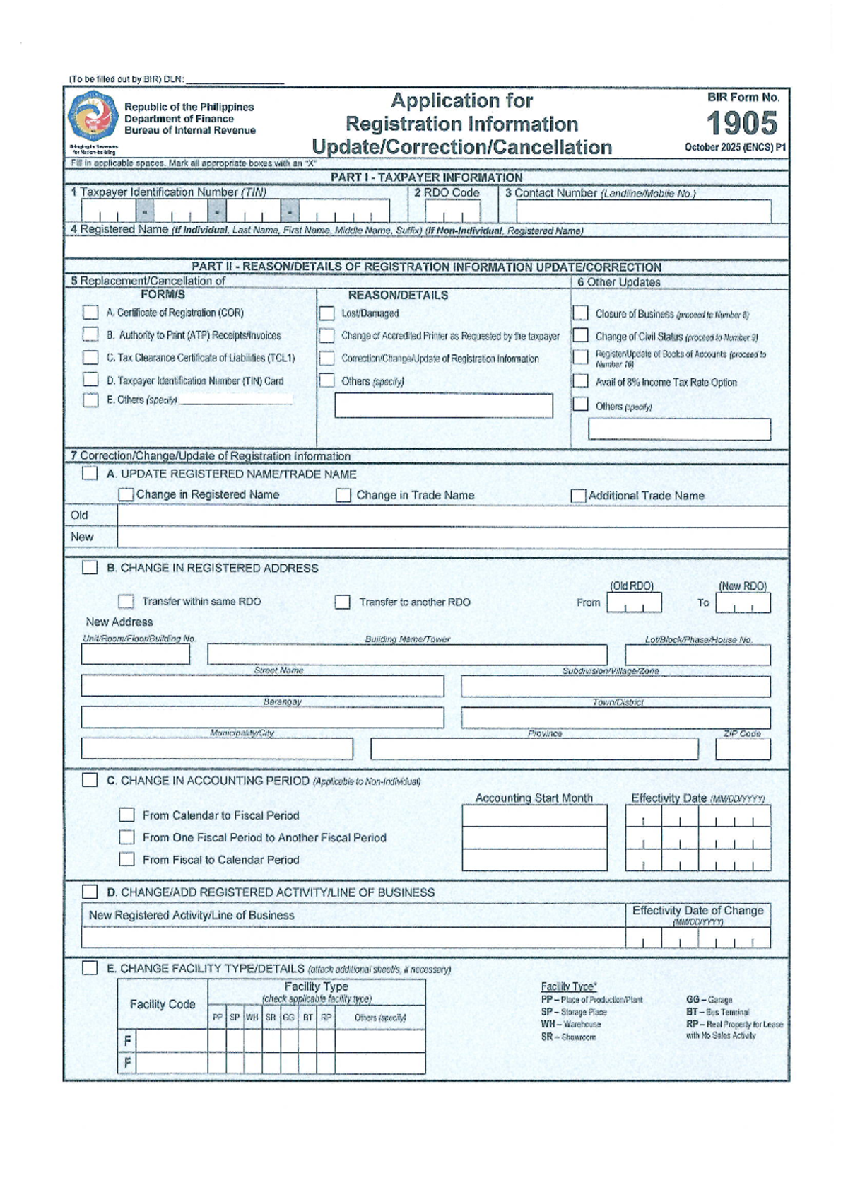 BIR Form 1905 - Application for Taxpayer Registration Updates - Studocu