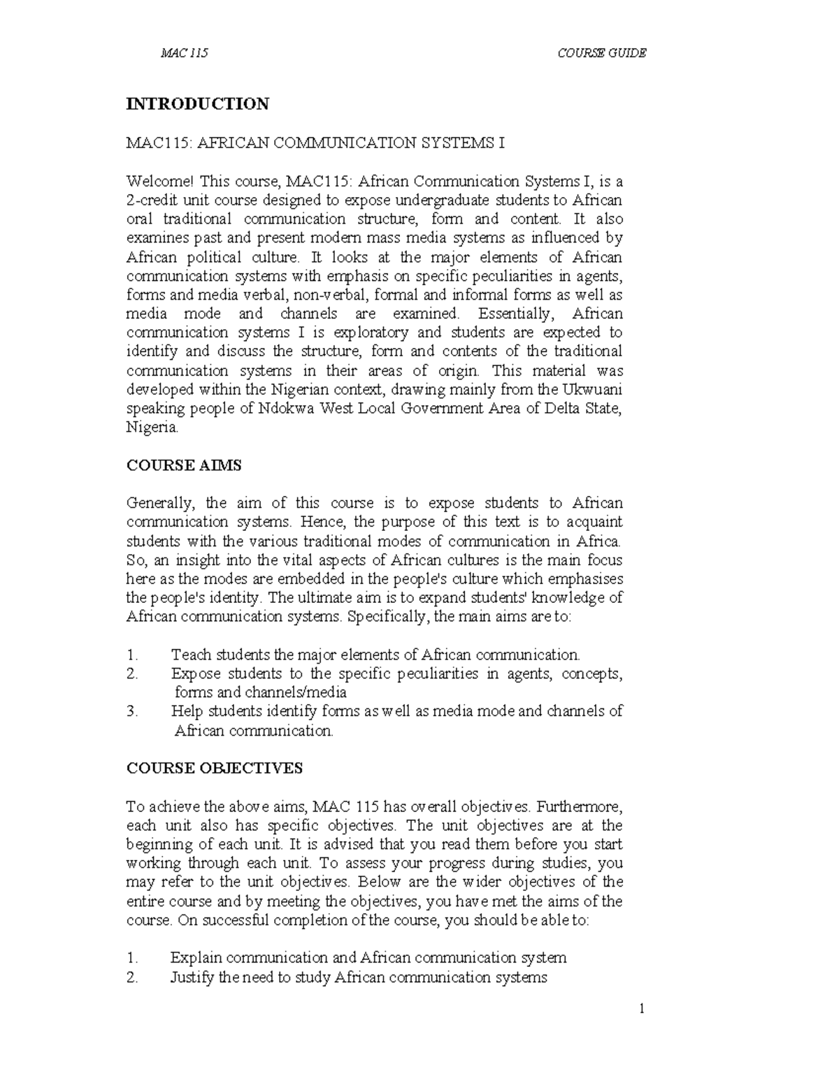 MAC 115 - Overview of African Communication Systems I Course Guide ...