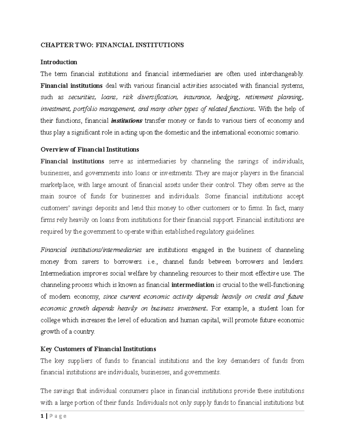 Chapter 2: Overview of Financial Institutions and Their Functions - Studocu