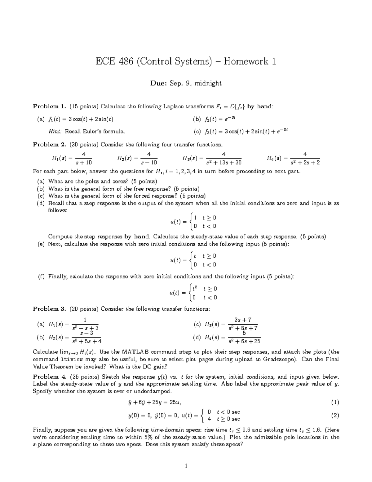 Ece486 Control Systems Homework 1 Due Sep 9 2021 Studocu