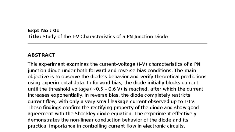 Expt No: 01 - Lab Report on PN Junction Diode Characteristics - Studocu