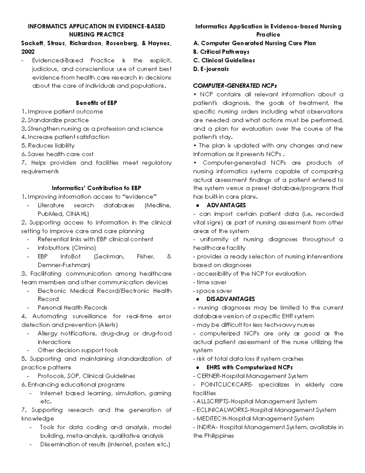 Informatics in Nursing Practice: Evidence-Based Approaches (NURS 2002 ...