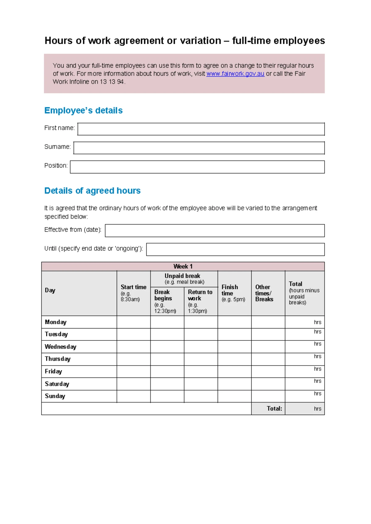 Part time hours of work agreement variation - Hours of work agreement ...