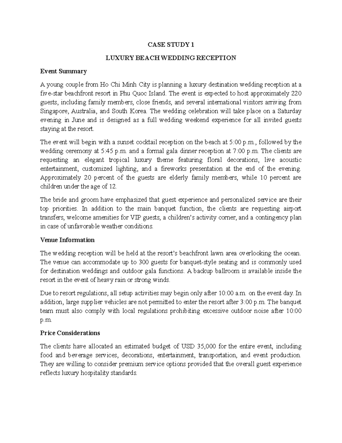 CASE STUDY 1: LUXURY BEACH WEDDING RECEPTION (Event Planning) - Studocu