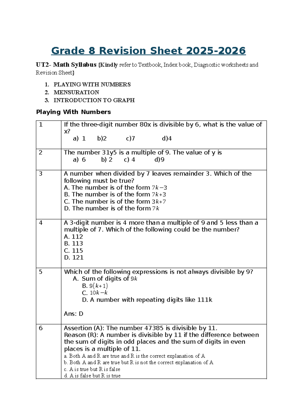 Grade 8 UT2 Math Revision Sheet: Key Concepts and Practice - Studocu