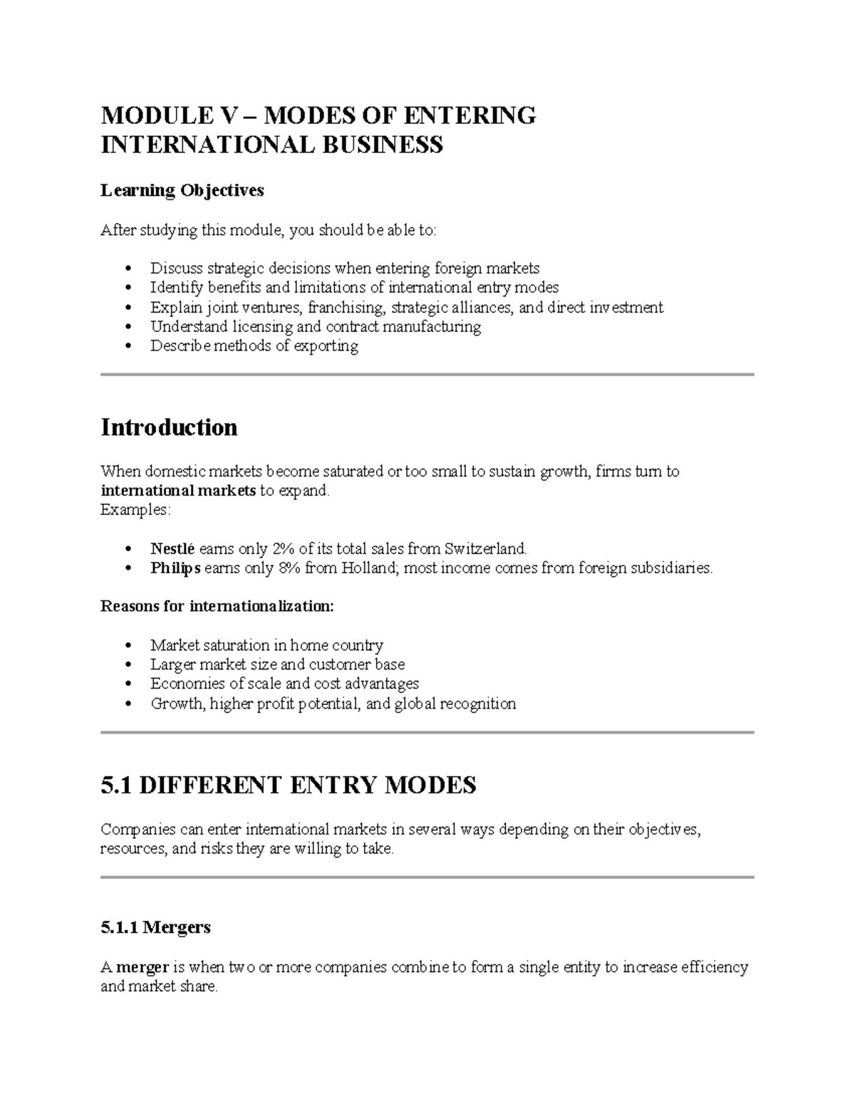 MODULE V: Modes of Entering International Business - Key Concepts and ...